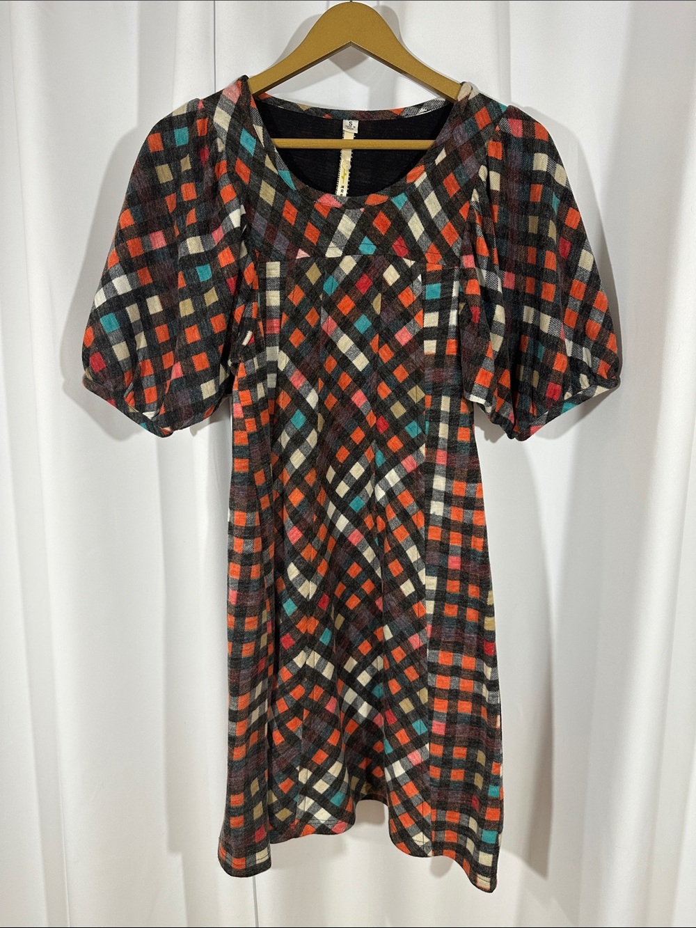 Uncle Frank Plaid Sweater Dress Size S Puff Sleeve Boutique Knit Mini Dress Boho